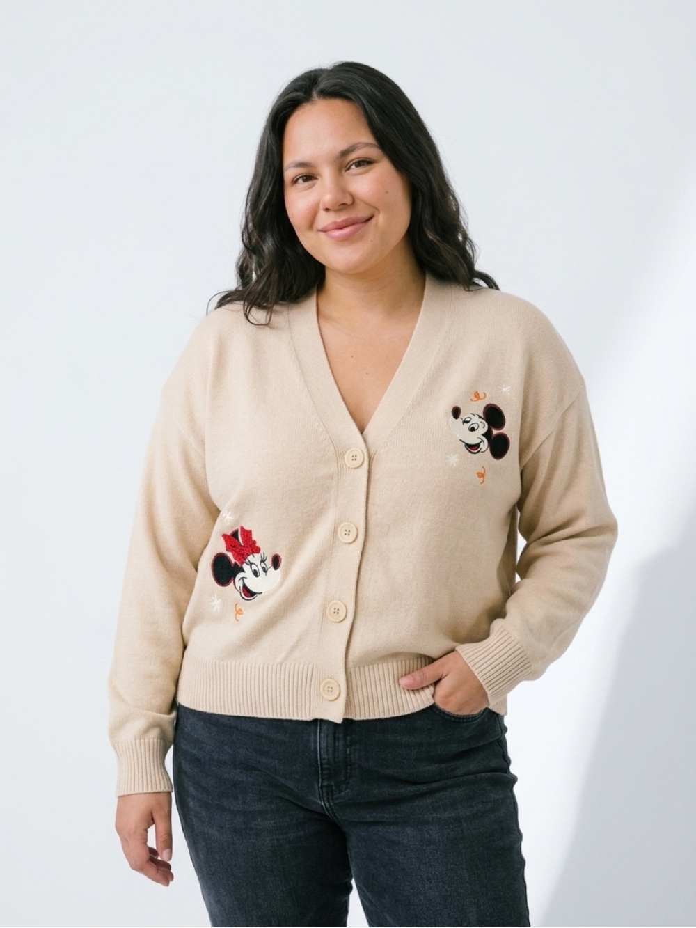 Disney Beige Minnie & Mickey Embroidered V-Neck Button Cardigan